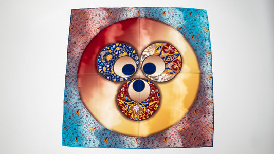 brown and blue background variant of large square vegan silk bandana