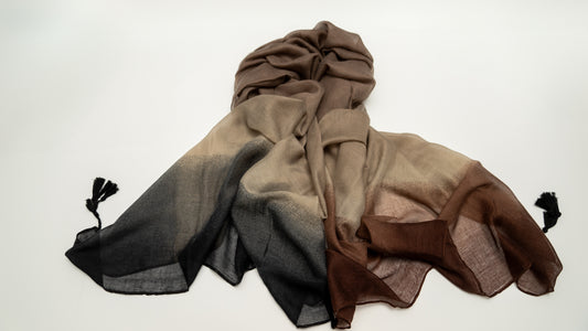 wool silk shawl with earthly tones of light and dark brown and black. front