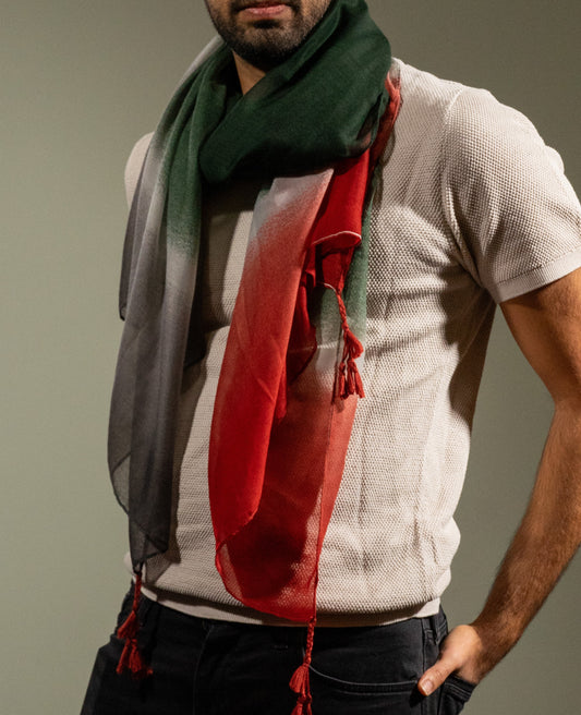 model wearing wool silk shawl (riviera)