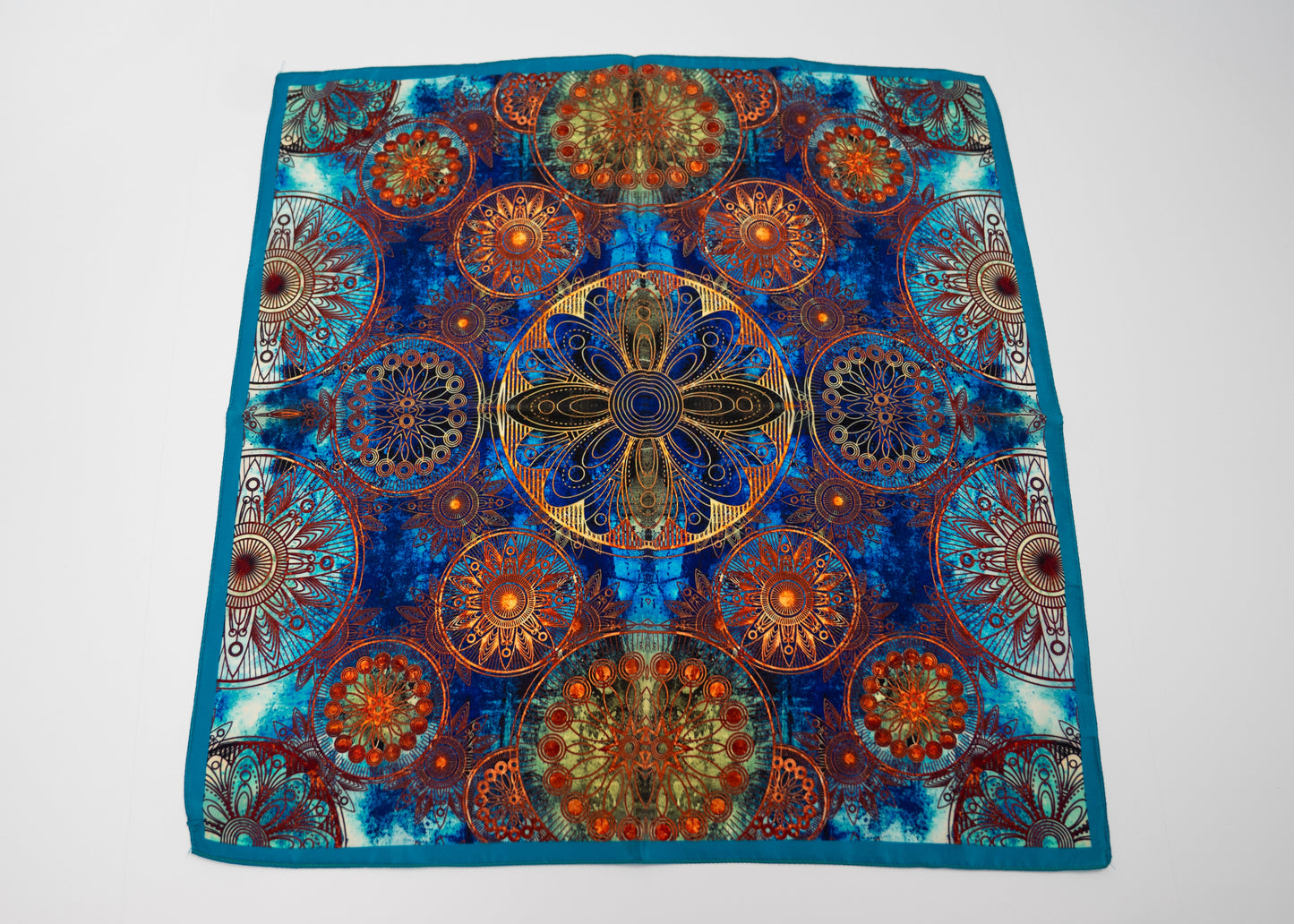 Vegan silk square bandana with intricate psychedelic patterns