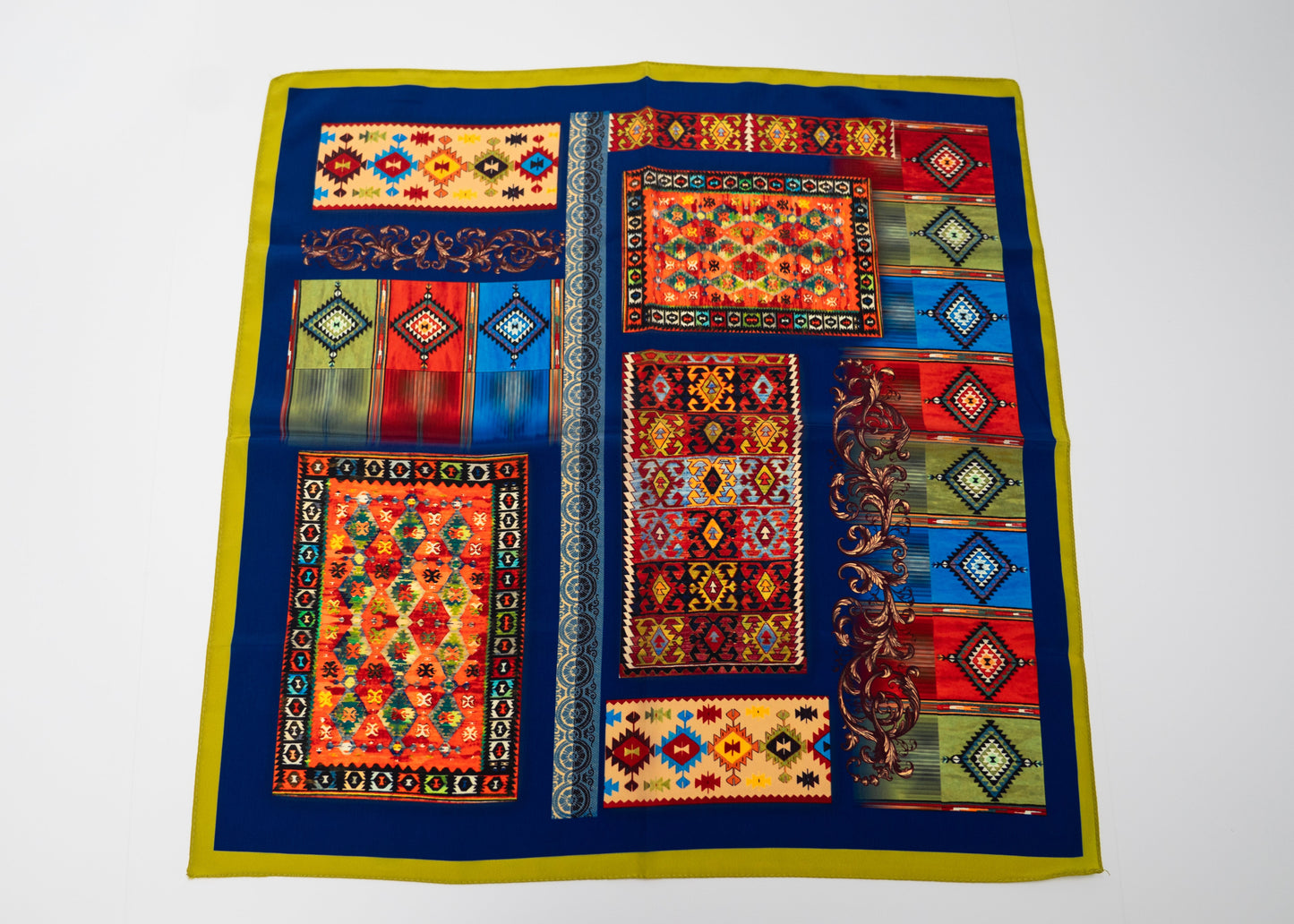 Vegan silk square bandana with intricate patterns and colorful design
