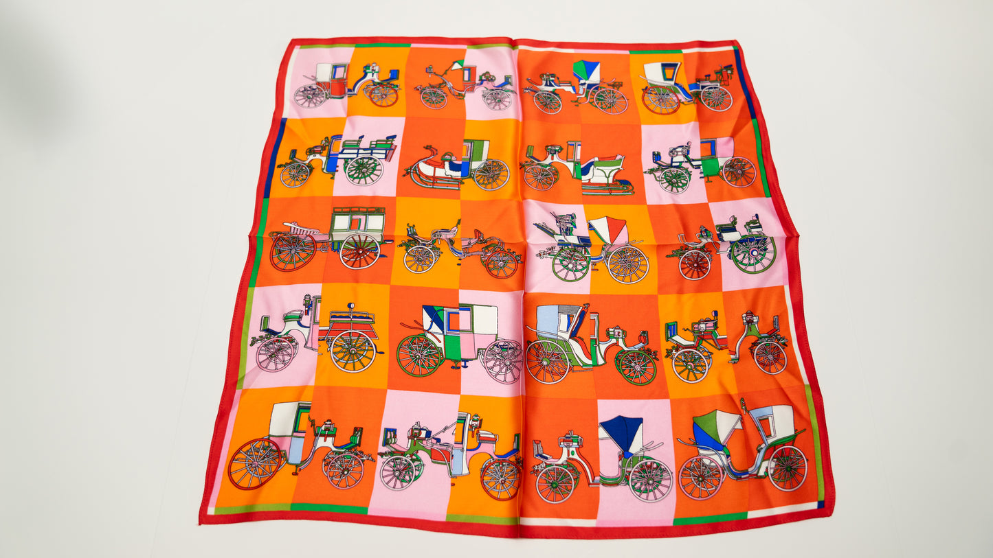 colourful square silk scarf, 100% pure silk, design with victorian vehicles and predominantly orange tones