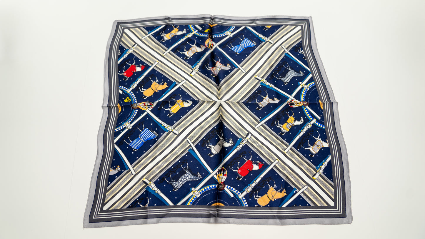 Colourful square silk scarf, 100% pure silk, design with horses and predominantly blue and white/beige tones