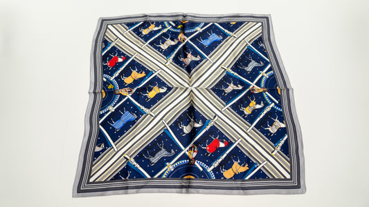Colourful square silk scarf, 100% pure silk, design with horses and predominantly blue and white/beige tones