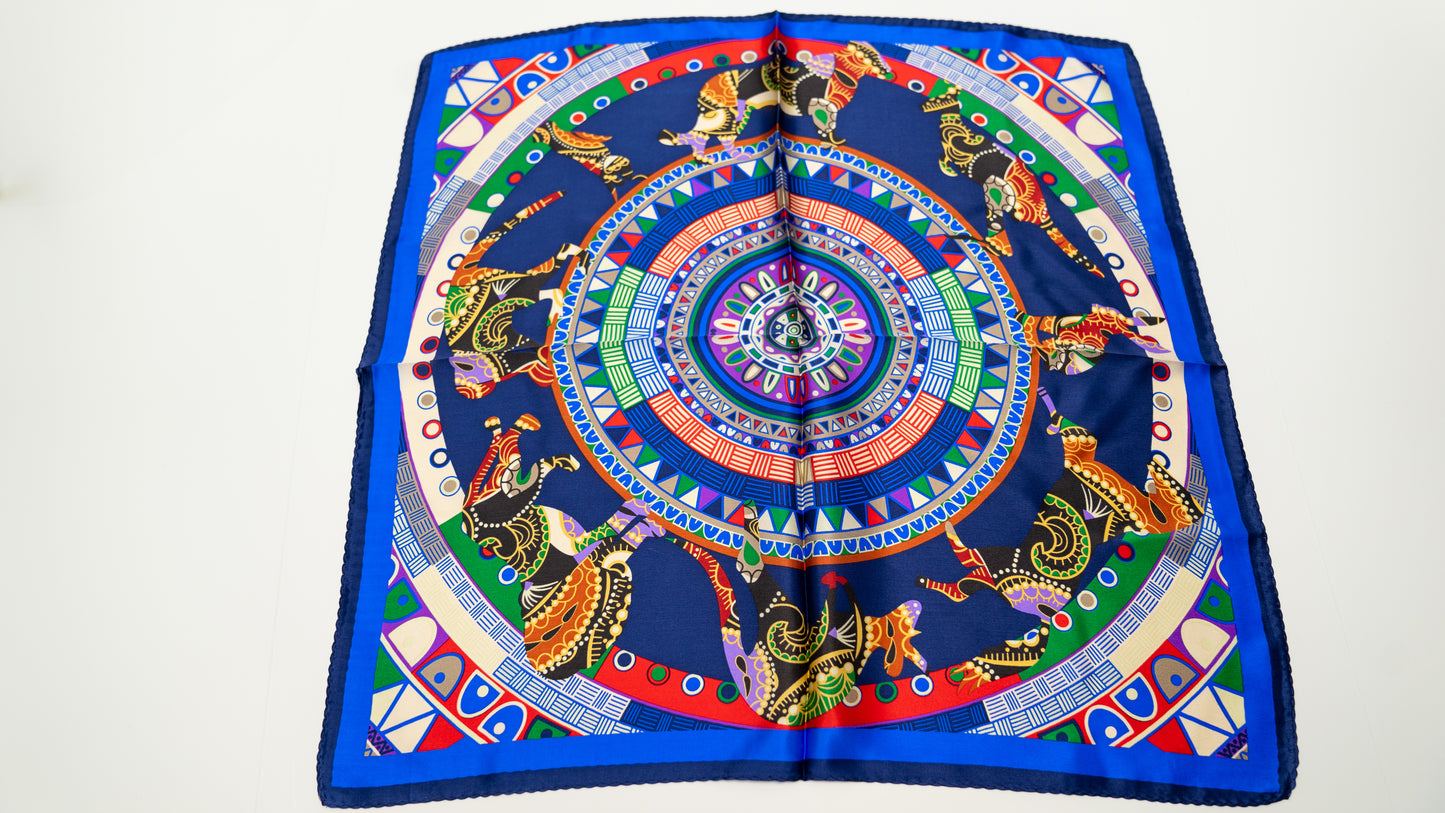 Colourful square silk scarf, 100% pure silk, mandala design with predominantly blue tones
