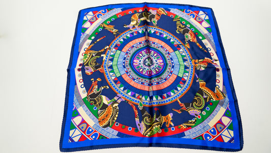 Colourful square silk scarf, 100% pure silk, mandala design with predominantly blue tones