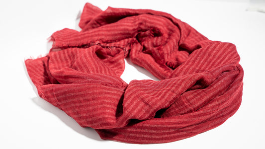 handwoven wool silk red scarf with faint white lines