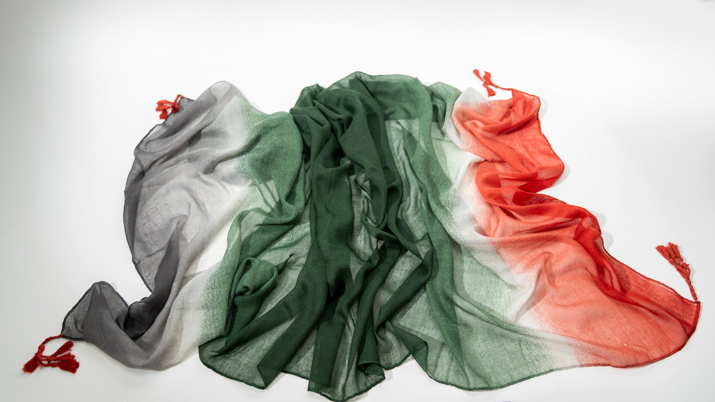 wool silk shawl with gray, white, green, and red. front shot