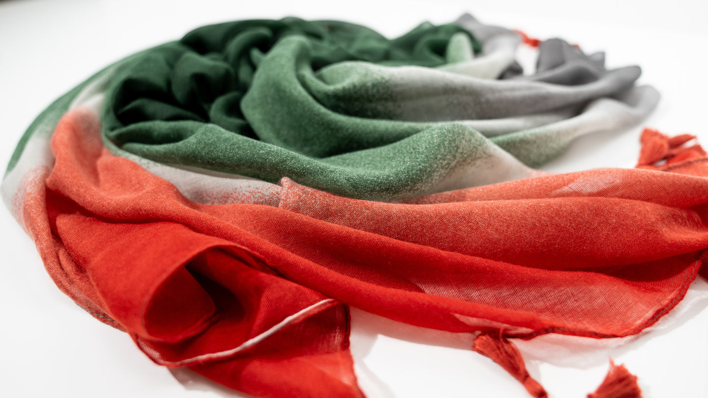 wool silk shawl with gray, white, green, and red. Close-up