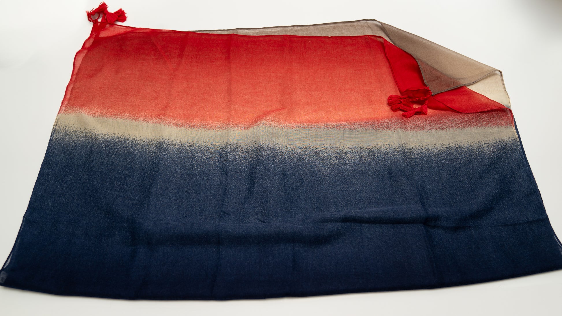 wool silk shawl with red, light sand brown, and dark blue. front.