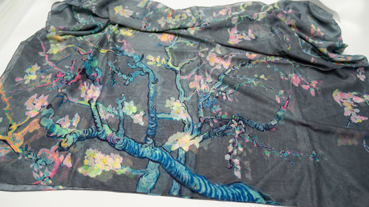 cotton voile shawl featuring a cherry blossom tree, tones of grey, blue, and pink
