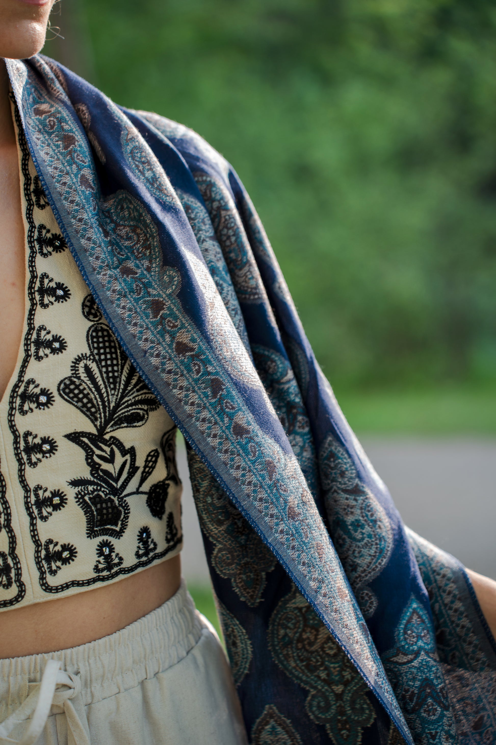 female model wearing a cotton and wool turkish shawl