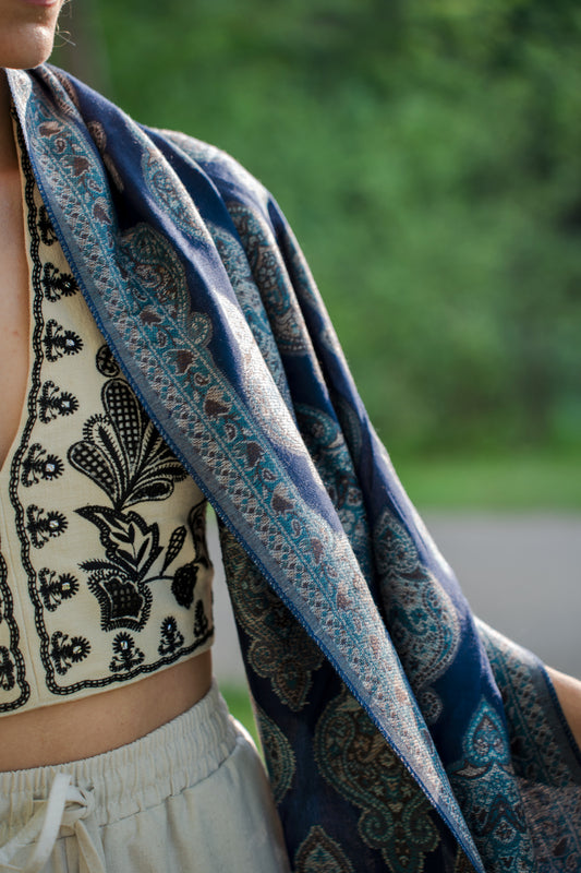female model wearing a cotton and wool turkish shawl