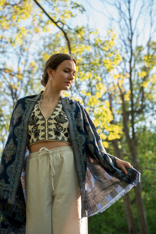 female model wearing a cotton and wool turkish shawl