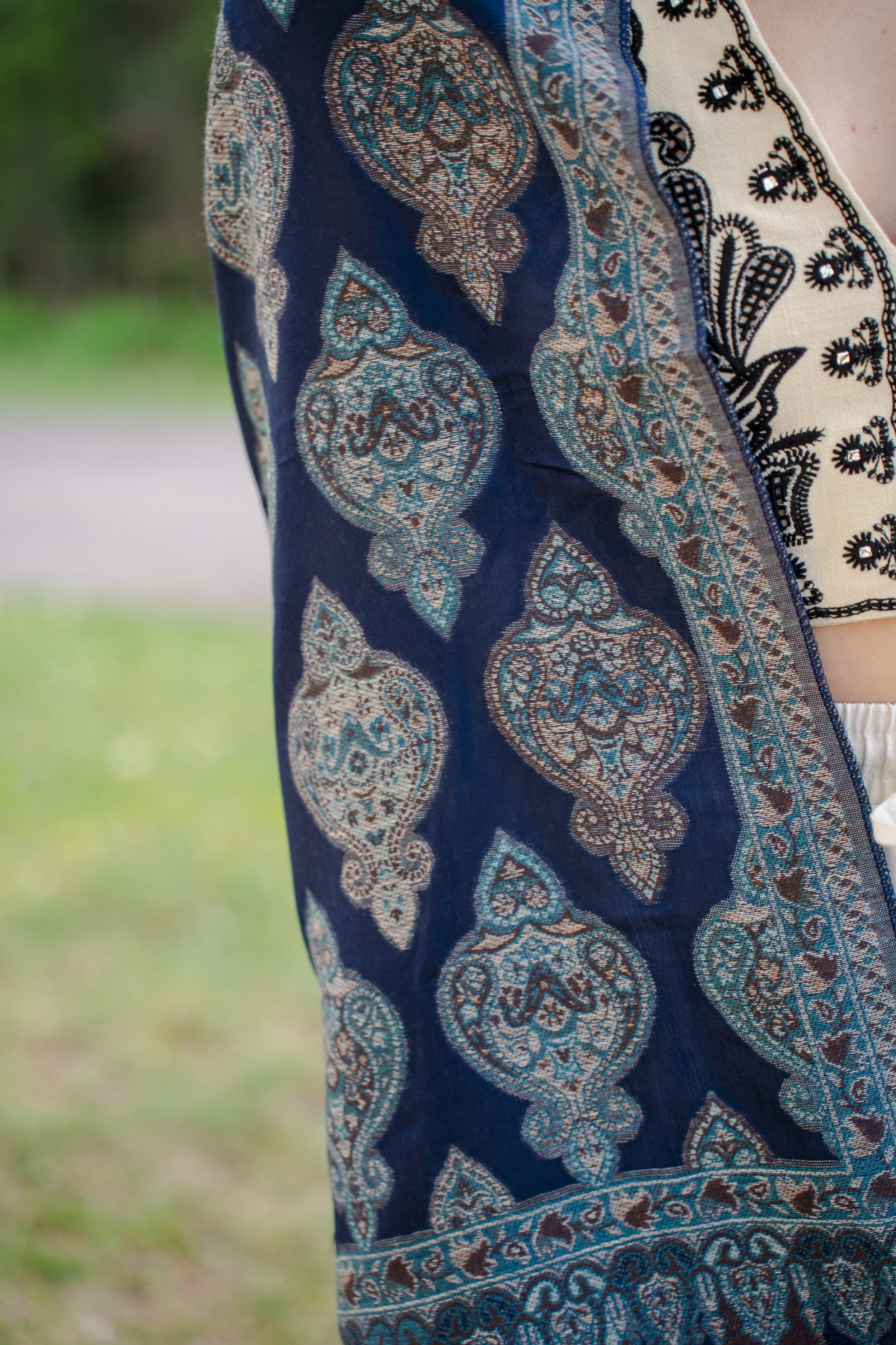 female model wearing a cotton and wool turkish shawl