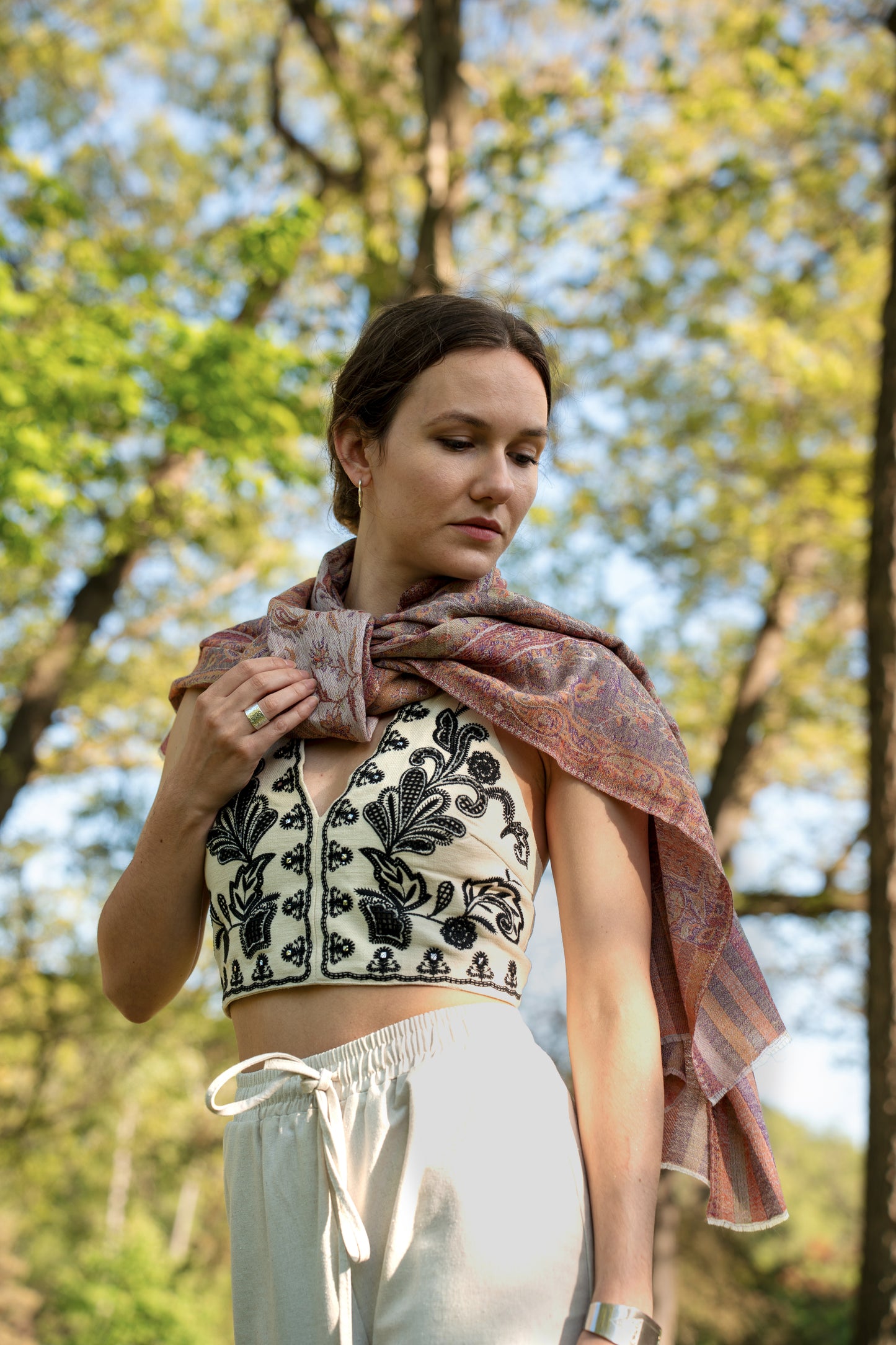 female model wearing a cashmere shawl
