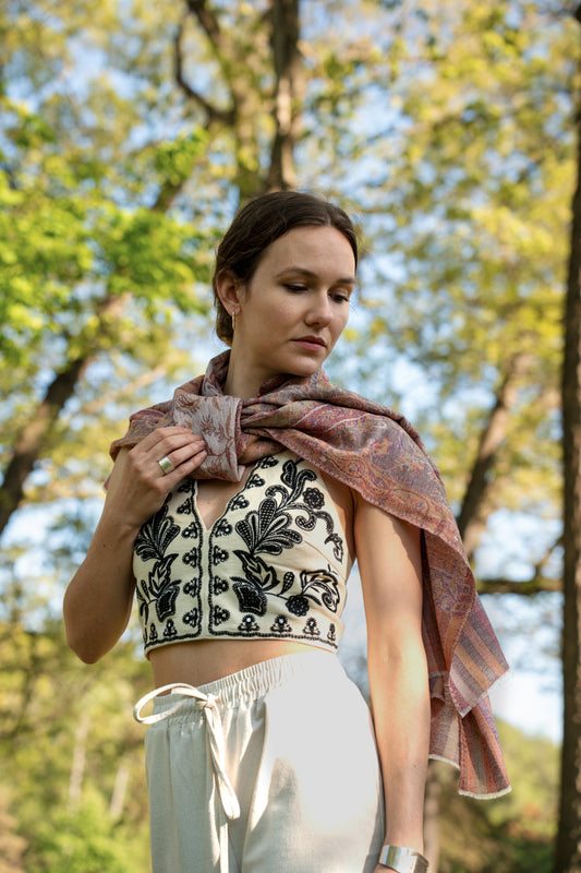 female model wearing a cashmere shawl