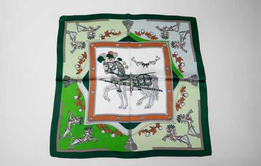 handwoven pure silk scarf with green, silver, white, and brown tones, featuring a horse design.