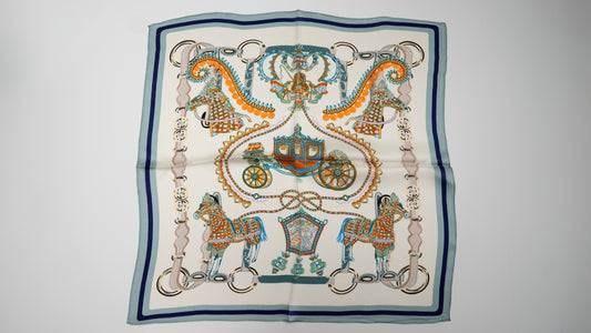 handwoven 100% pure silk scarf with beige, blue, orange colours with horse and horse carriage designs