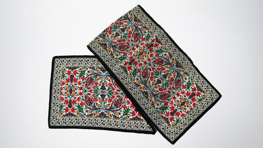 Long vegan silk scarf with colorful floral turkish designs, layered.