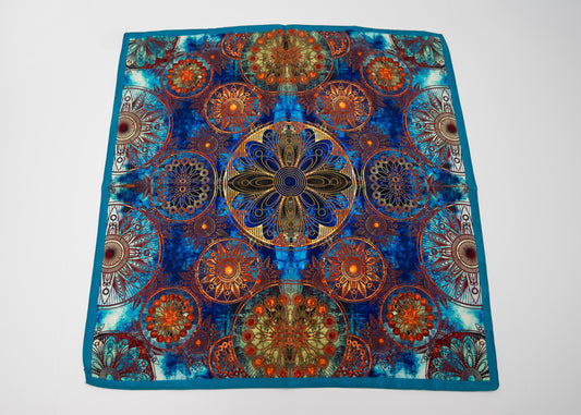 Vegan silk square bandana with intricate psychedelic patterns