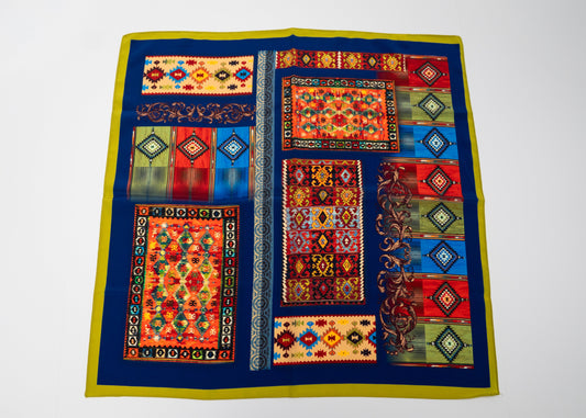 Vegan silk square bandana with intricate patterns and colorful design